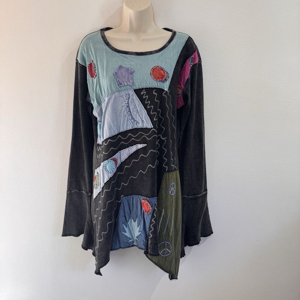 Vintage 90s Y2K Tunic Shirt XL Patchwork Peace Sun Moon Boho Witchy Wearable Art
